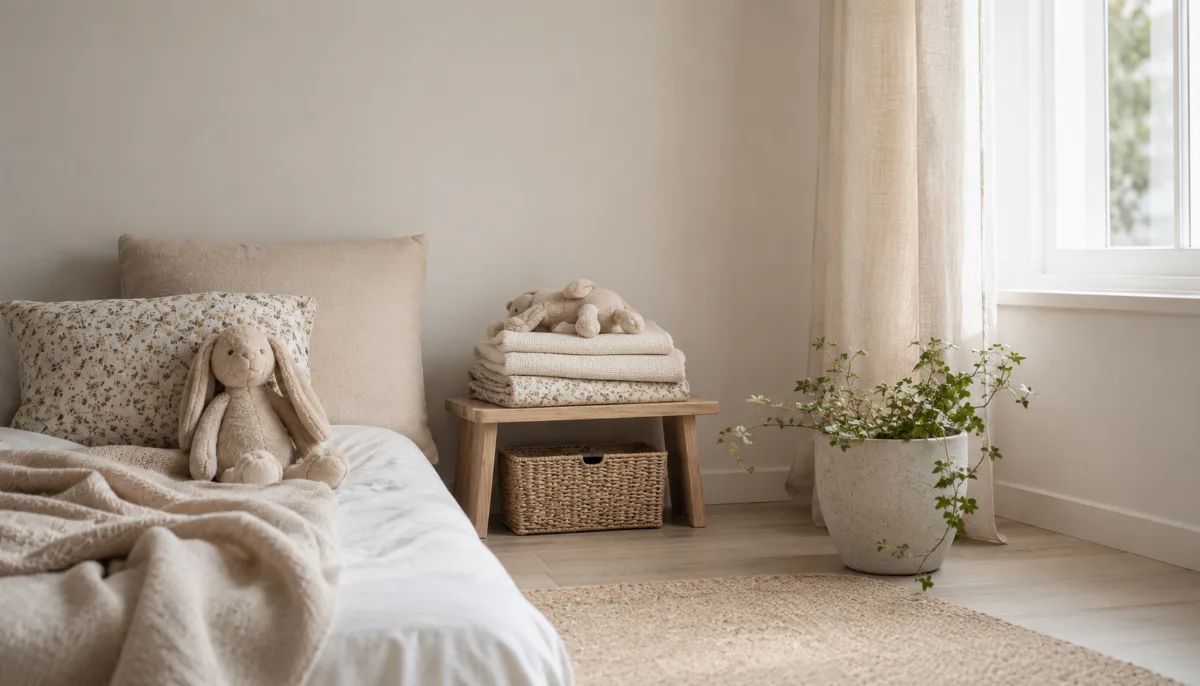 Simple child's room with folded blankets and a soft toy