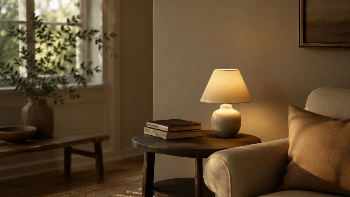 Small table lamp casting a soft pool of light on a side table