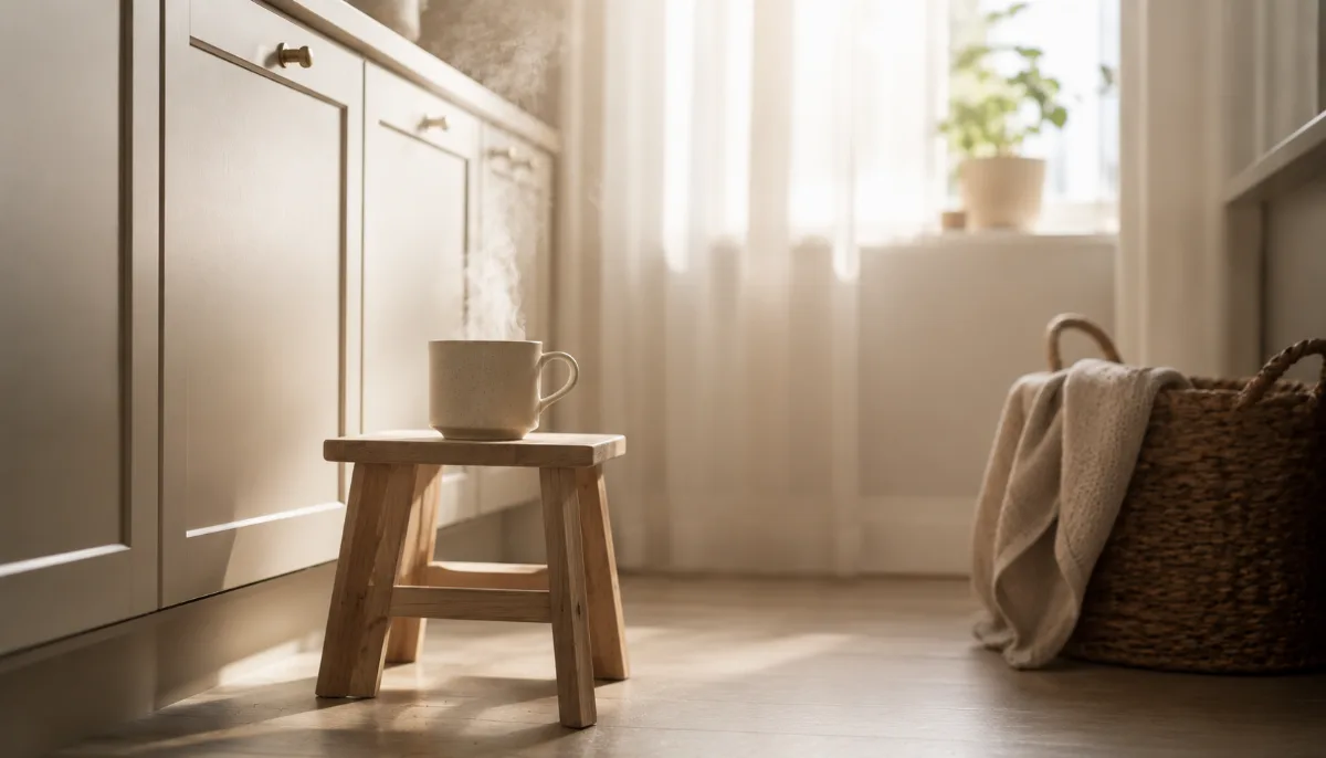 Calm family kitchen corner with a small step stool