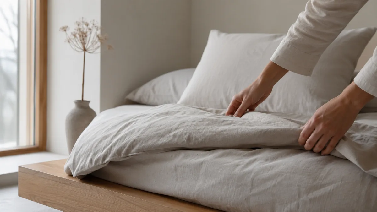 Low platform bed with crisp neutral sheets beside a bare window
