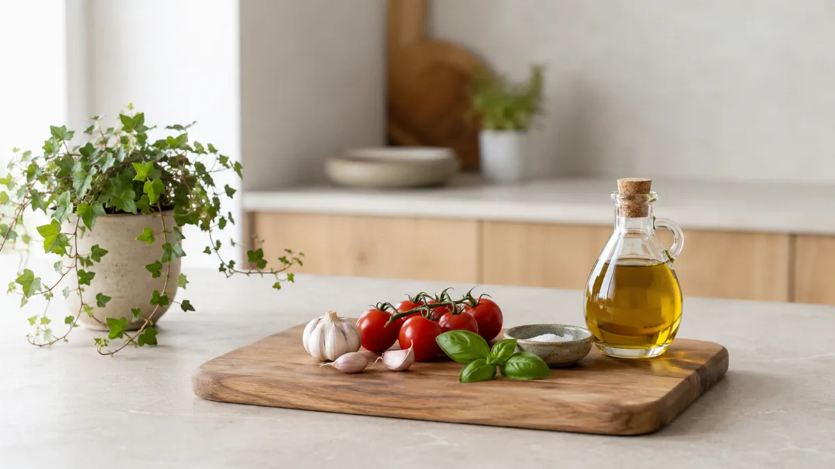Calm kitchen counter with fresh simple ingredients on a wooden board