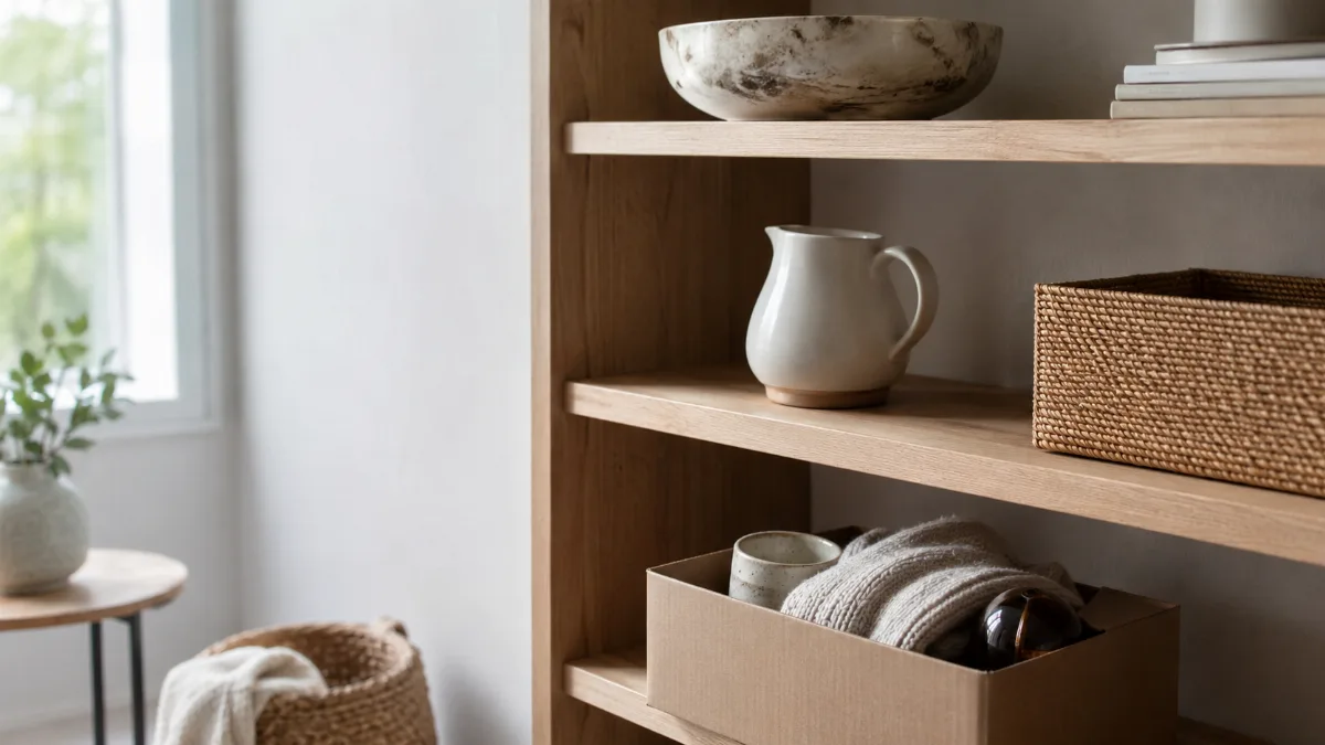 Tidy shelf mid-organization with a few items set aside in a box