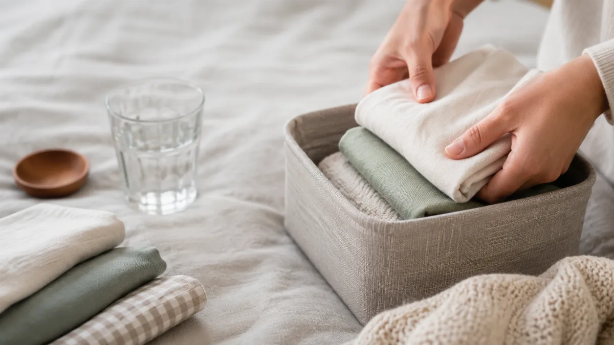 Hands folding items into a small storage basket