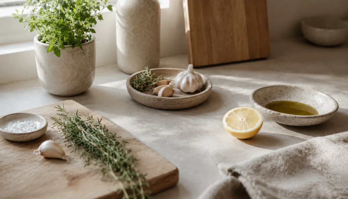 Simple kitchen counter with fresh ingredients and a wooden board