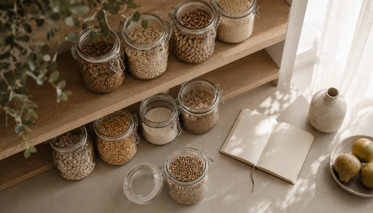 Glass jars of pantry staples on an open shelf