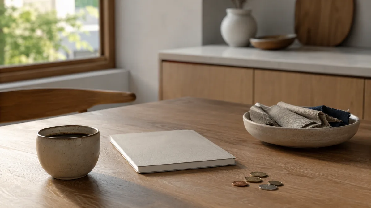 Kitchen table with a plain notebook, a few coins and a cup of coffee