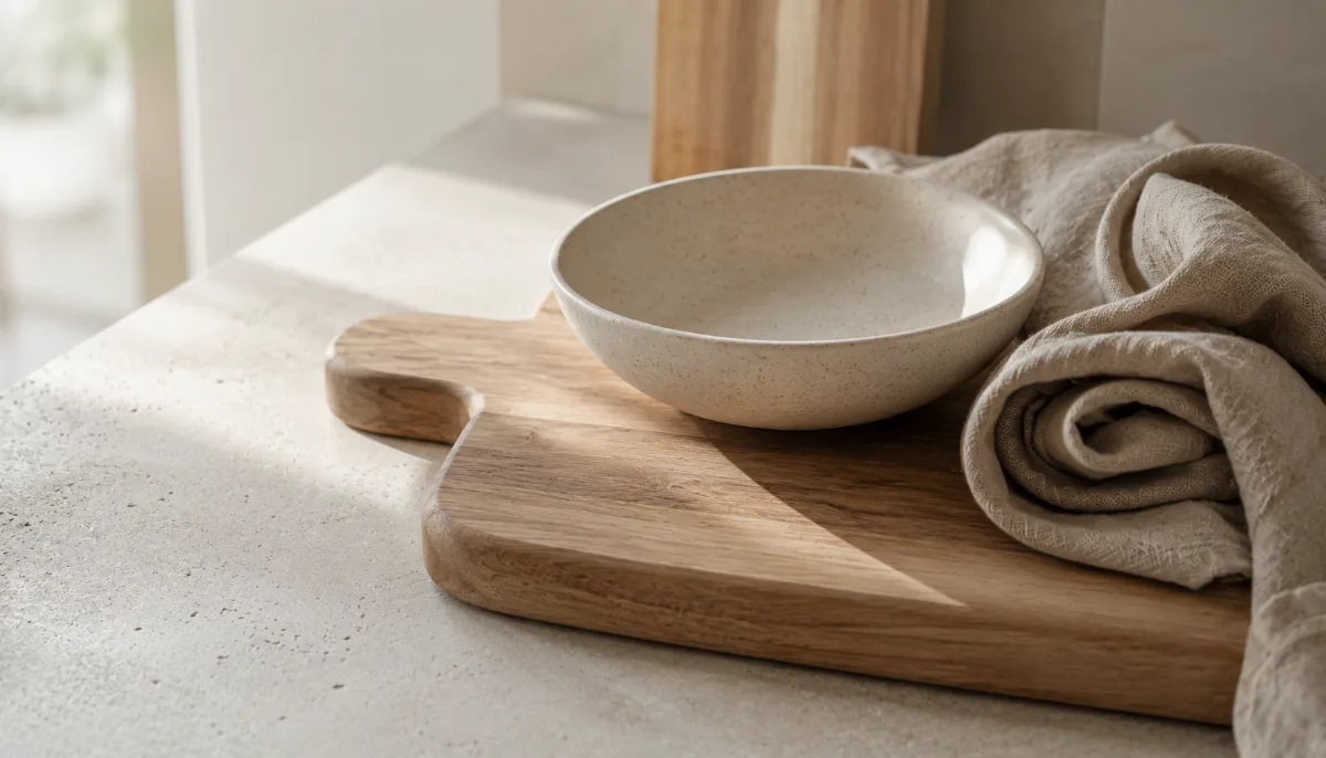 Clean countertop with nothing but a board and a bowl