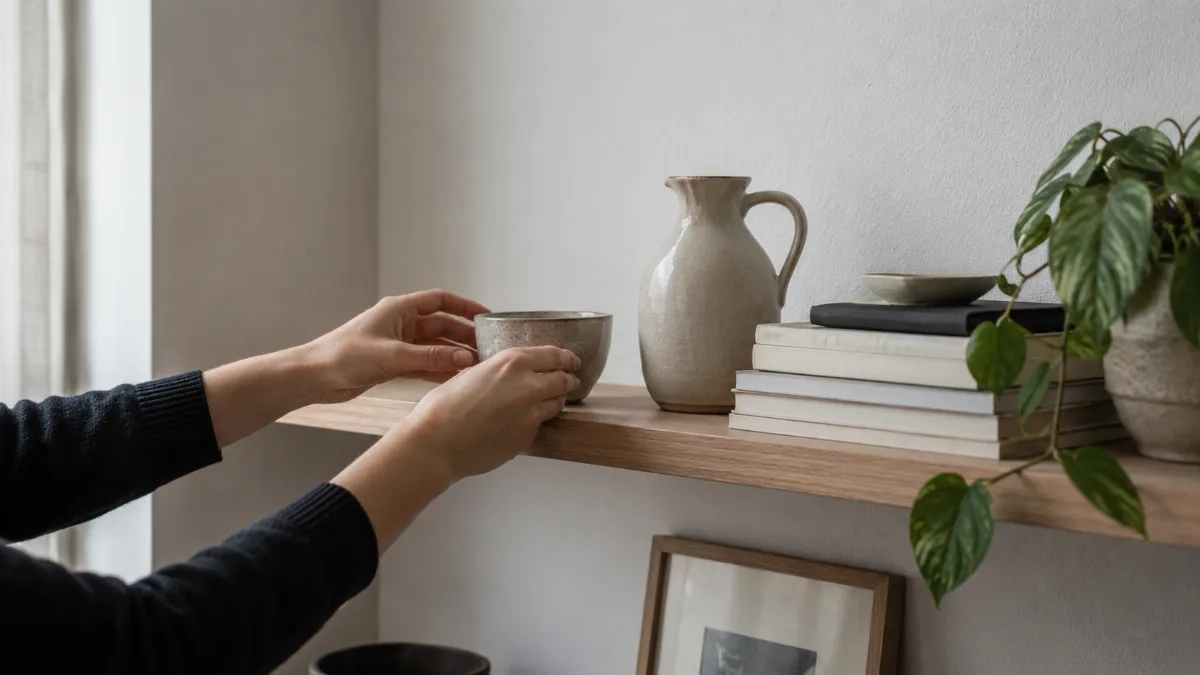 Tidy wall shelf holding books, a plant and a few ceramics