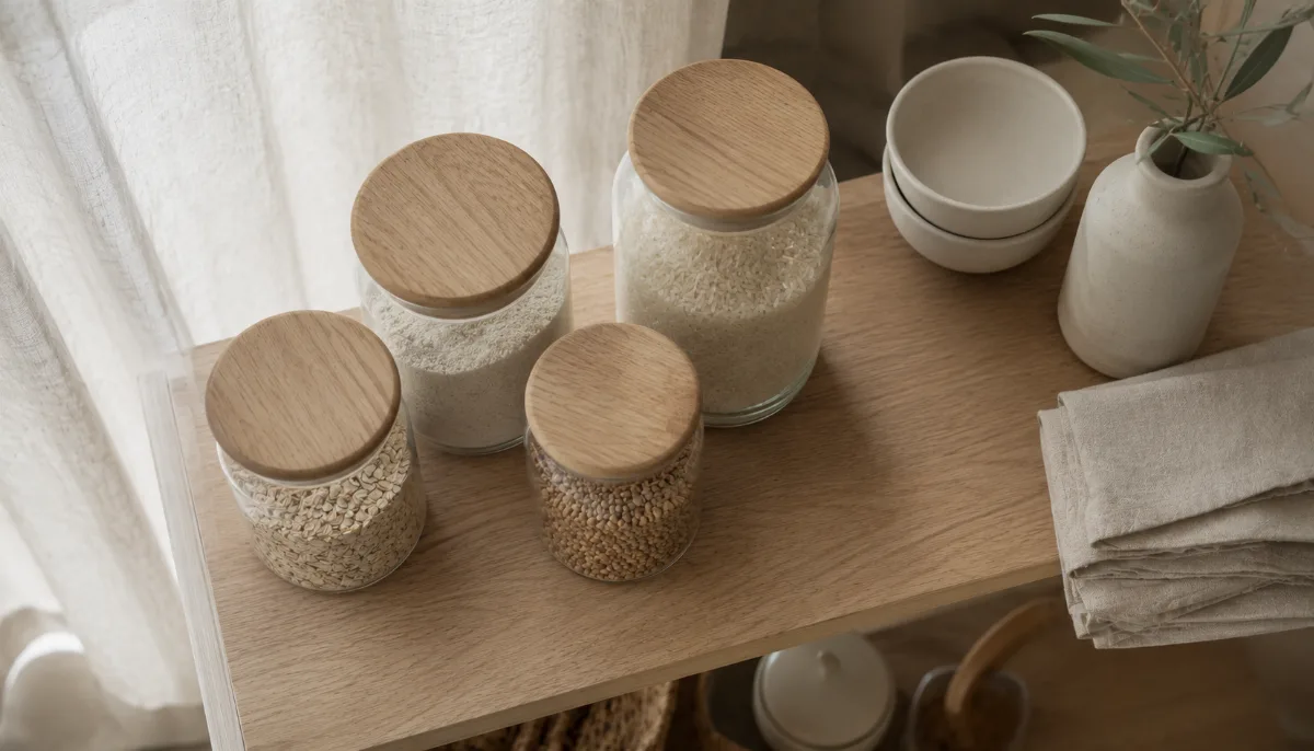 Minimalist pantry shelf with glass jars of staples