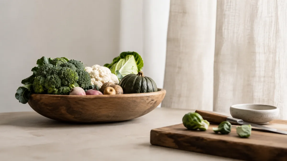 Wooden bowl of vegetables beside a chopping board