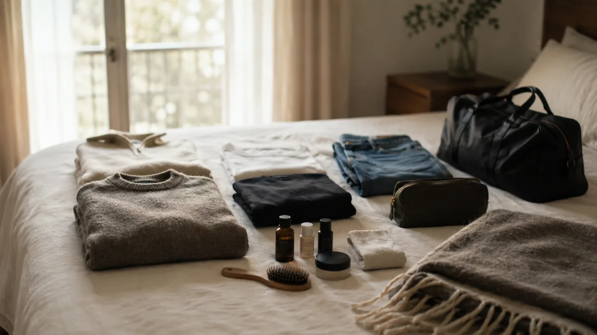 Minimalist packing layout of clothes and toiletries on a bed