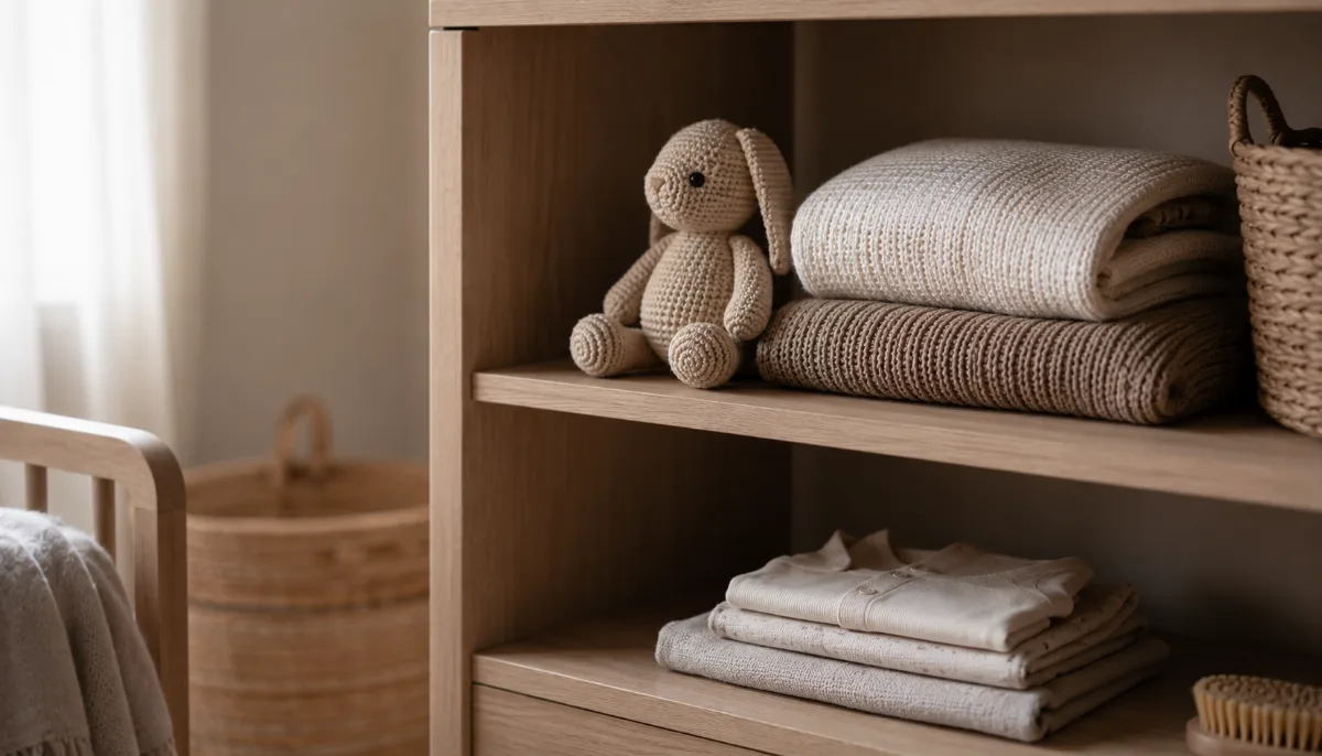 Simple nursery shelf with folded blankets and a small toy