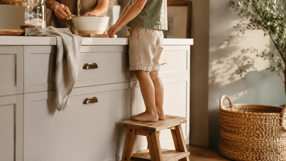 Calm family kitchen corner with a small step stool