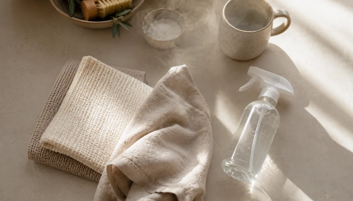 Neatly arranged cleaning cloths and a refillable spray bottle on a clean surface