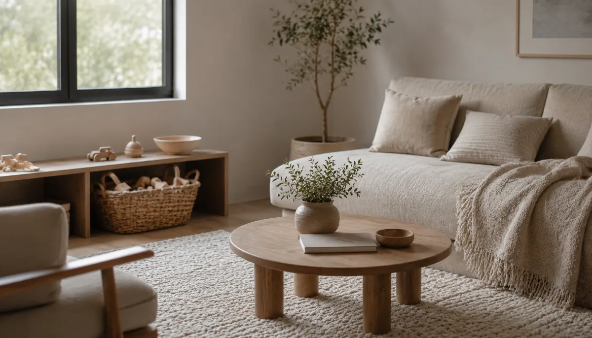 Family living room with a basket of toys neatly tucked away