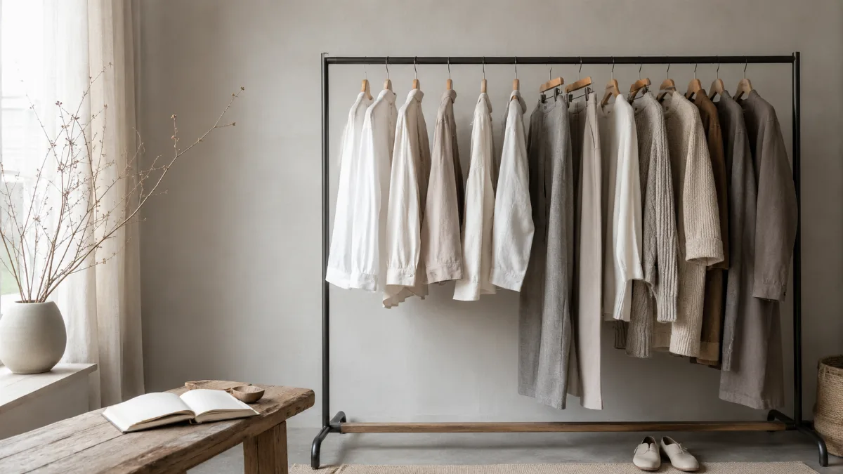 Clothing rail holding a tidy capsule of neutral garments