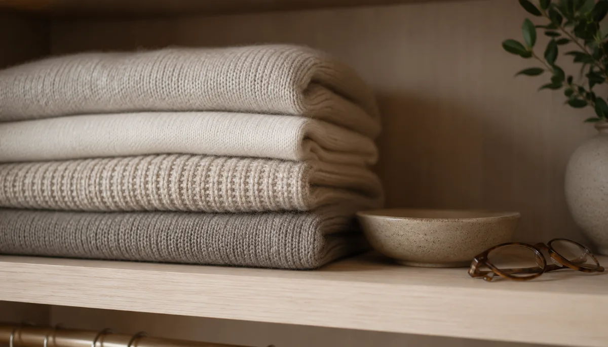 Folded sweaters stacked neatly on an open shelf