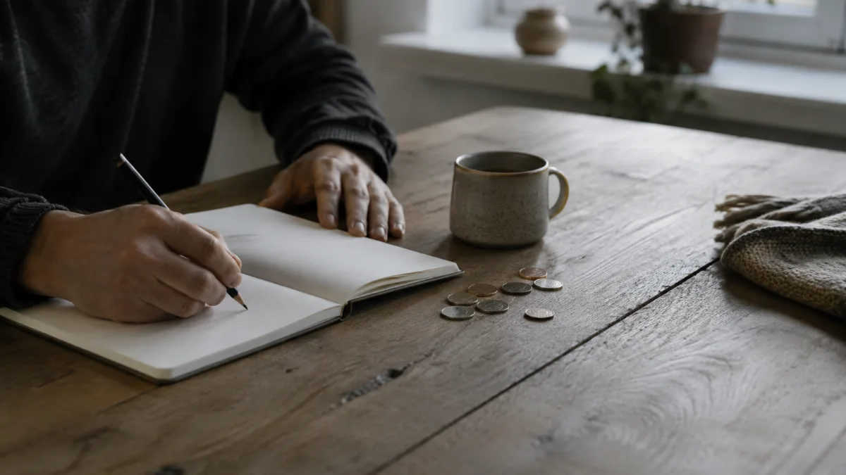 Kitchen table with a plain notebook, coins and a coffee cup