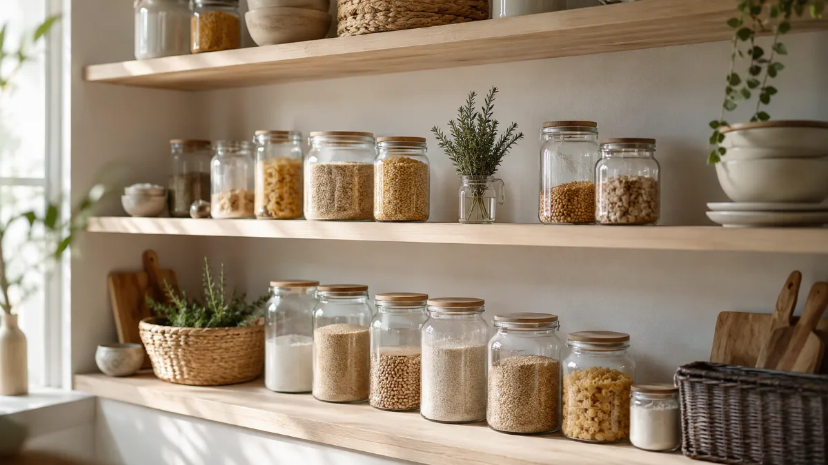 Minimalist pantry shelf with glass jars of staples