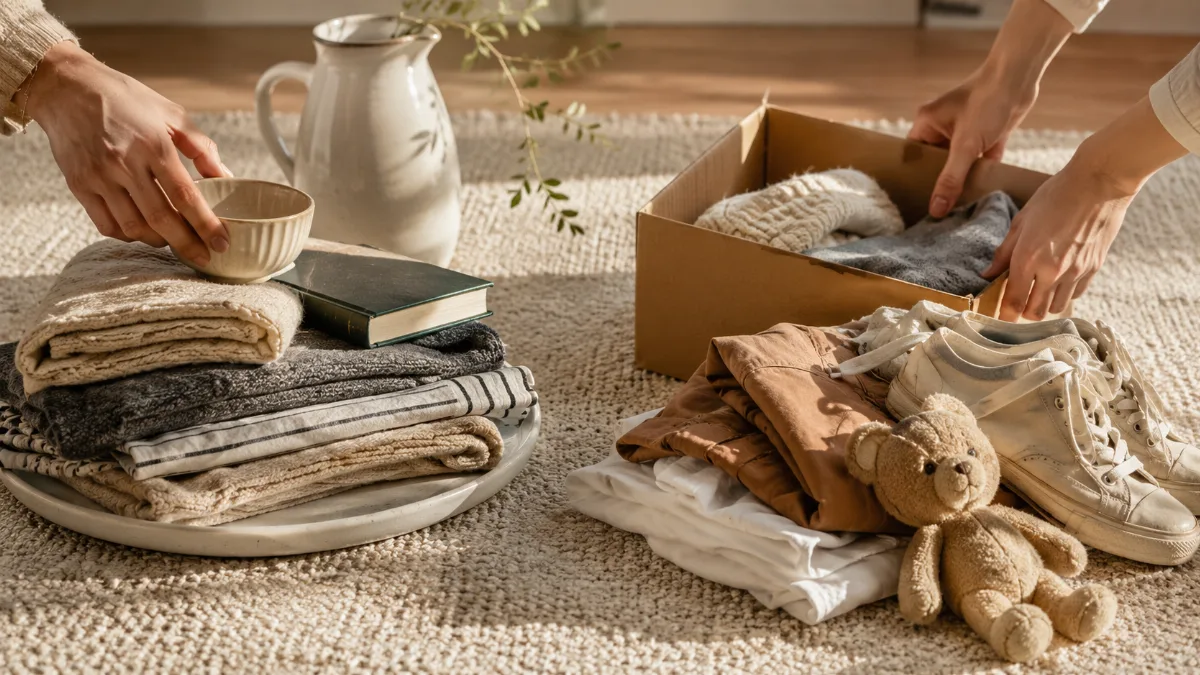 Items grouped into keep and let-go piles on a clean rug