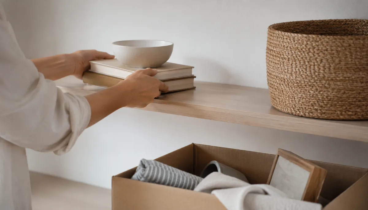Tidy shelf mid-organization with a few items set aside in a box
