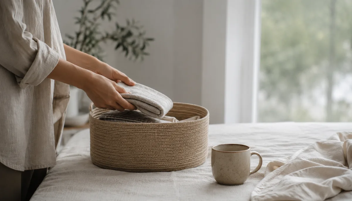 Hands folding items into a small storage basket