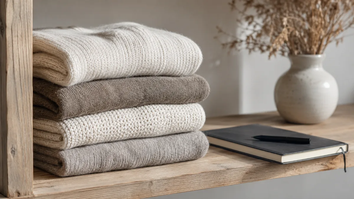 Folded sweaters stacked neatly on an open shelf