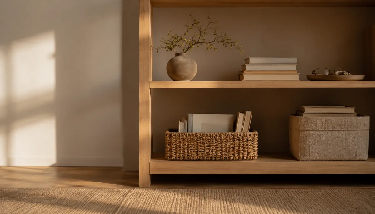 Tidy organized shelf with baskets and a few neat items