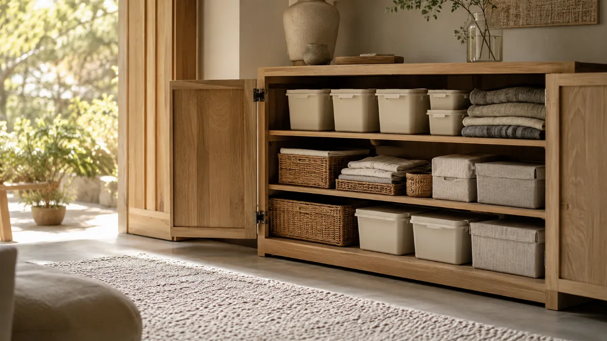 Orderly cupboard with stacked containers