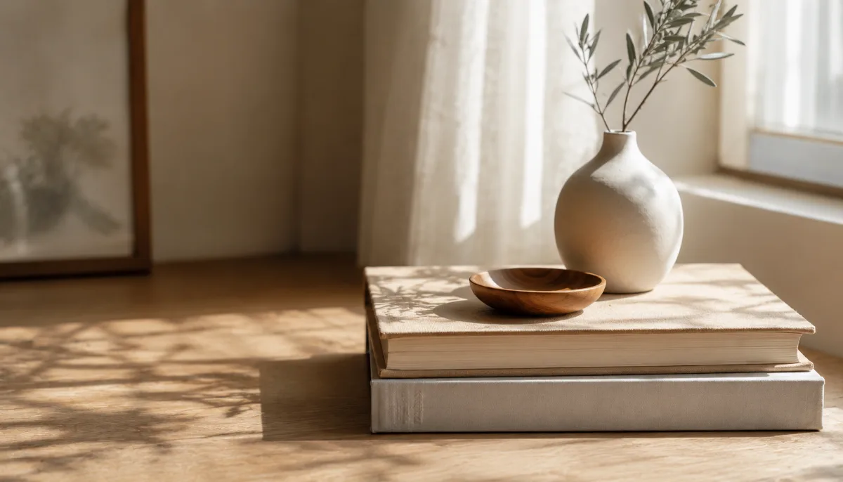 Calm minimalist interior with natural light and a few simple objects