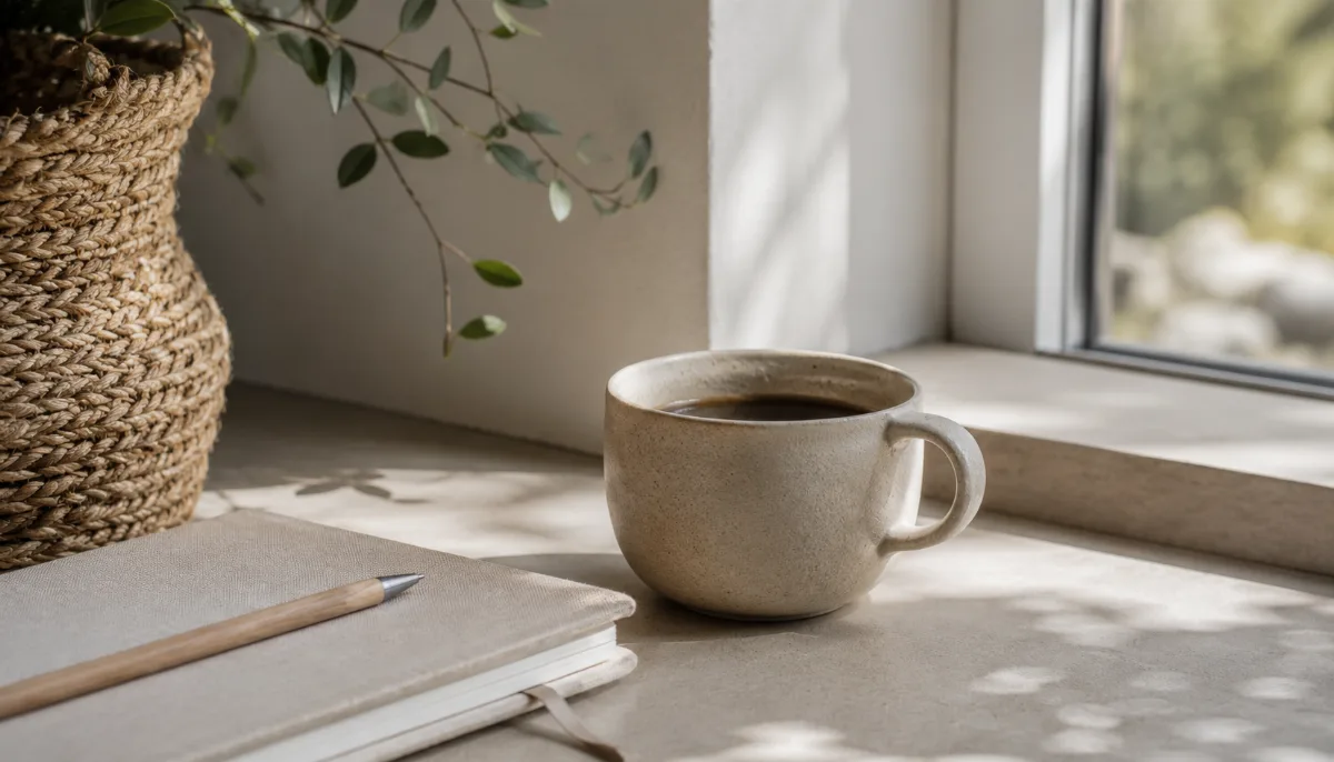 Bright morning scene with coffee and a notebook by a window