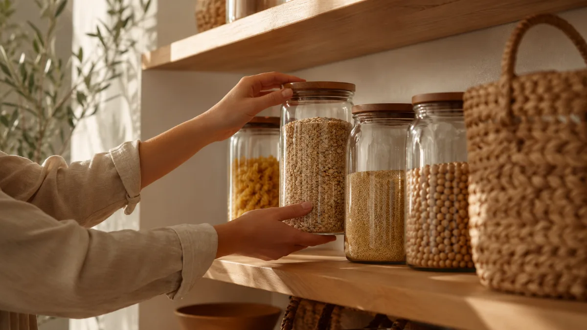 Minimalist pantry shelf with glass jars of staples