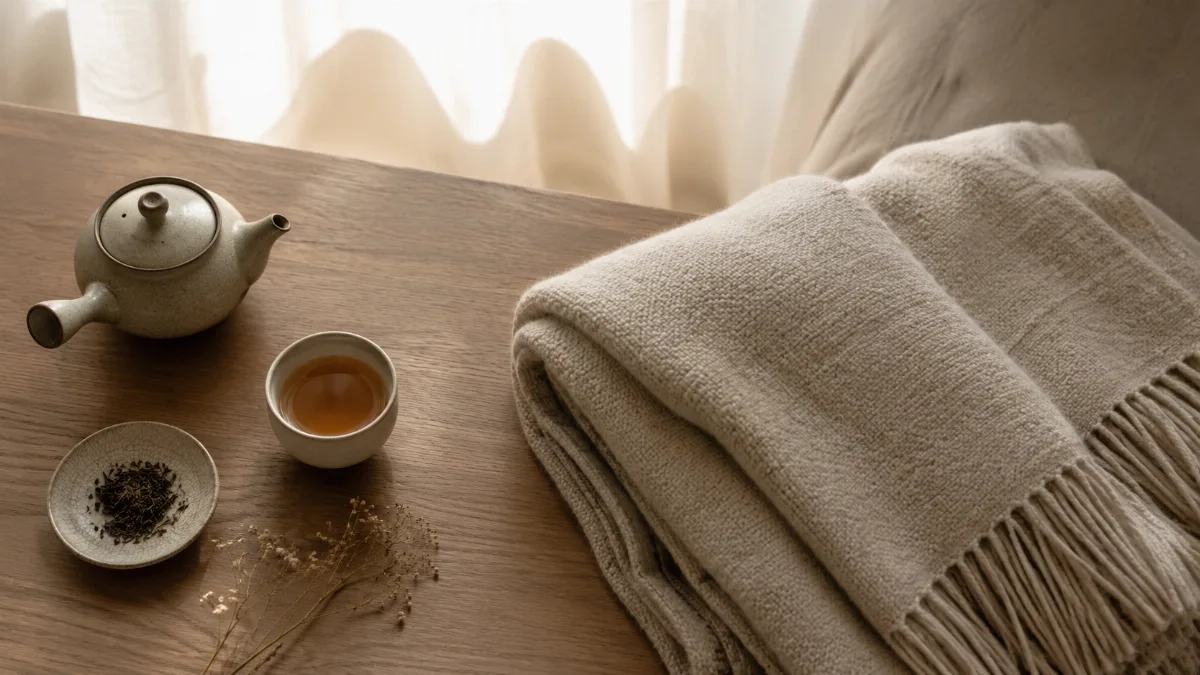 Calm evening corner with tea and a folded blanket
