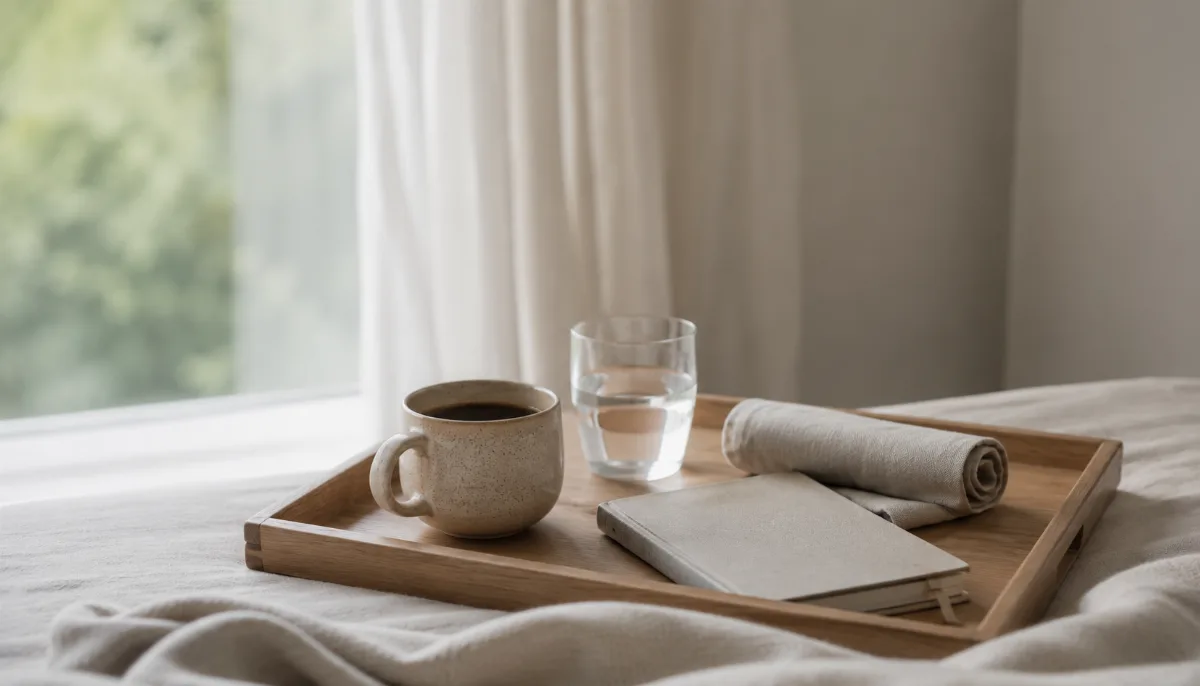 Simple morning tray with coffee, water and a small journal
