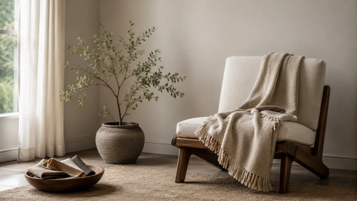 Minimalist seating corner with a single plant and a throw