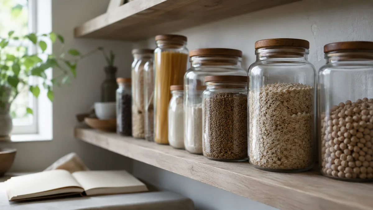 Minimalist pantry shelf with glass jars of staples