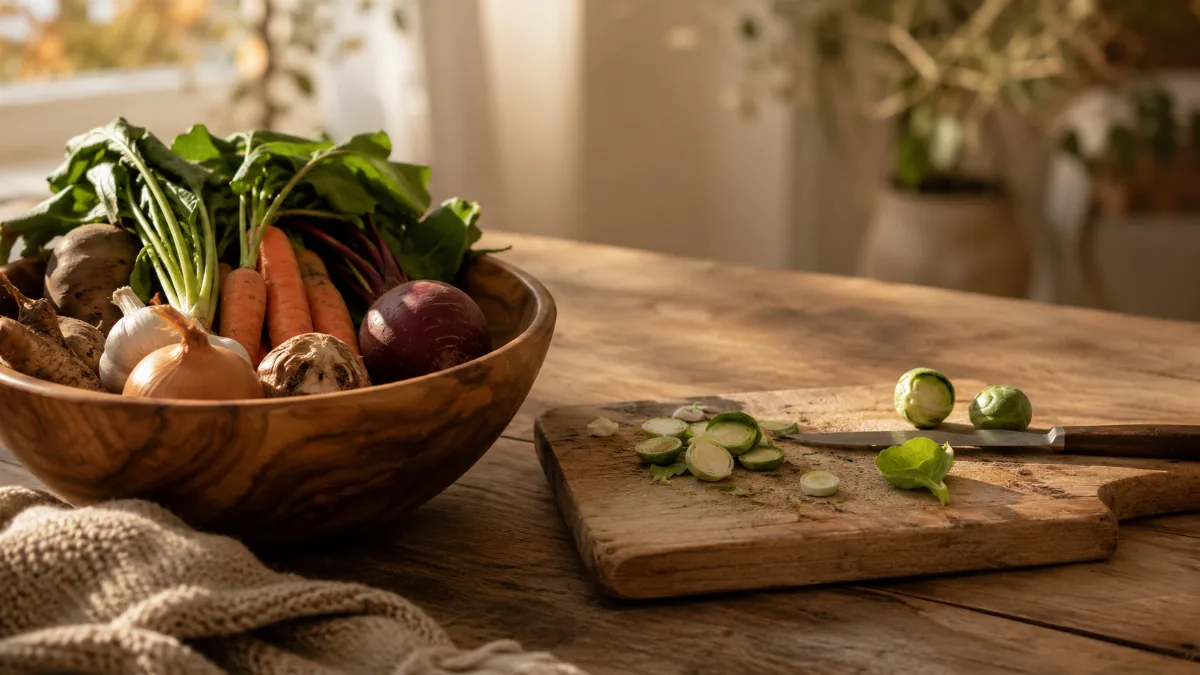 Wooden bowl of vegetables beside a chopping board