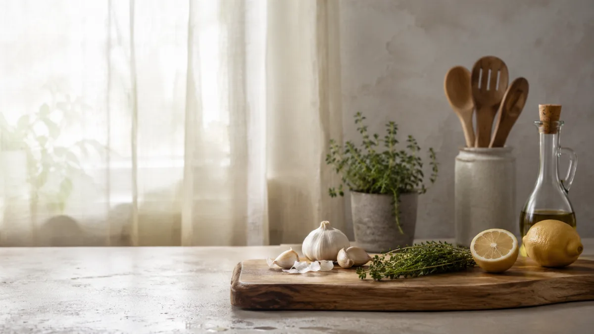 Calm kitchen counter with fresh simple ingredients on a wooden board
