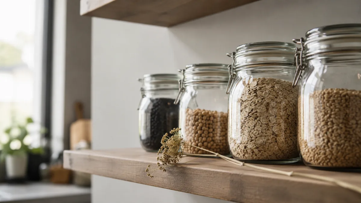 Glass jars of pantry staples on an open shelf