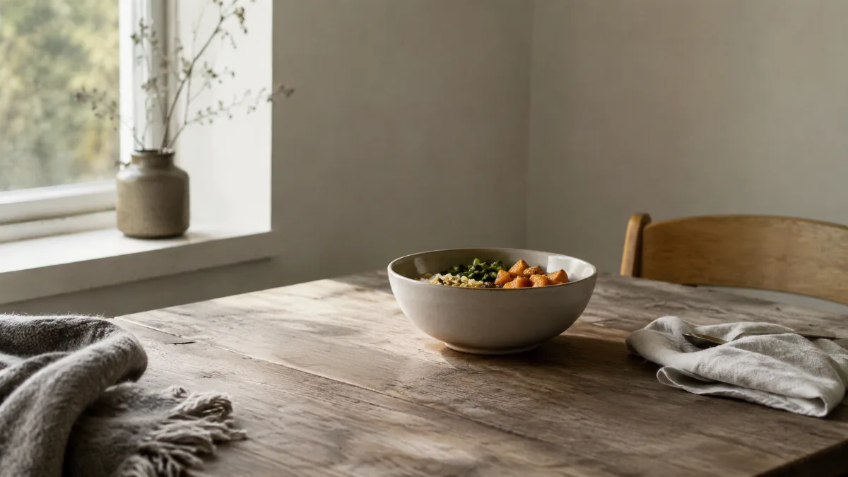 Minimalist table set with a single wholesome bowl