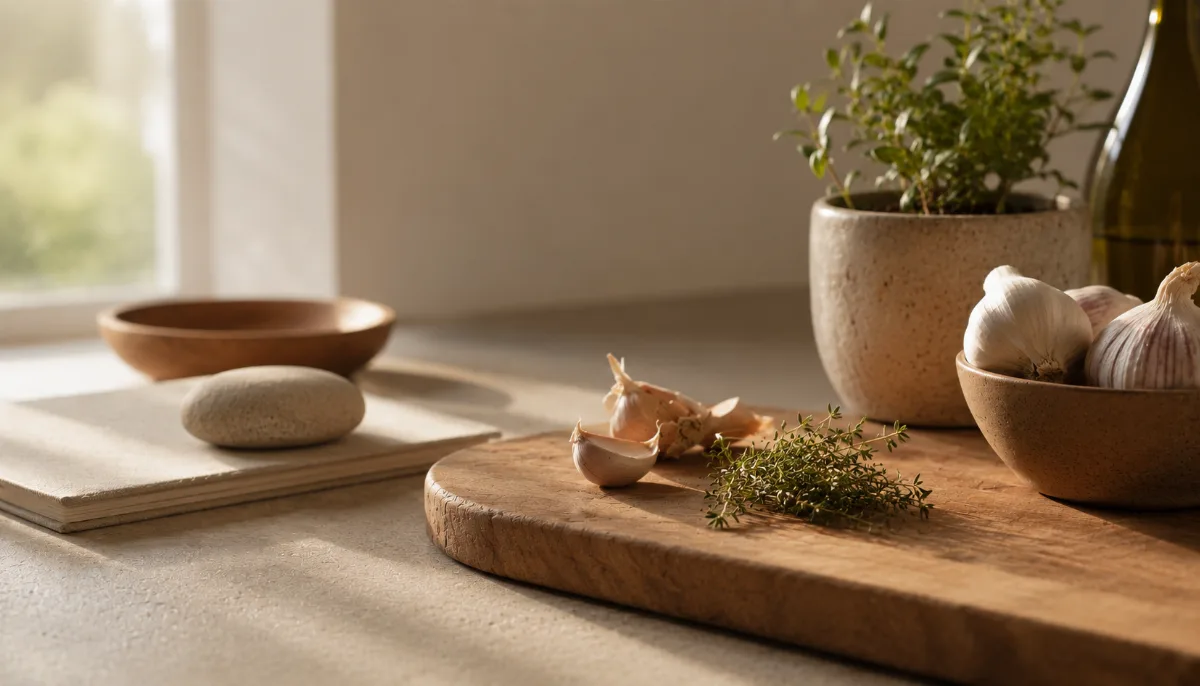 Simple kitchen counter with fresh ingredients and a wooden board