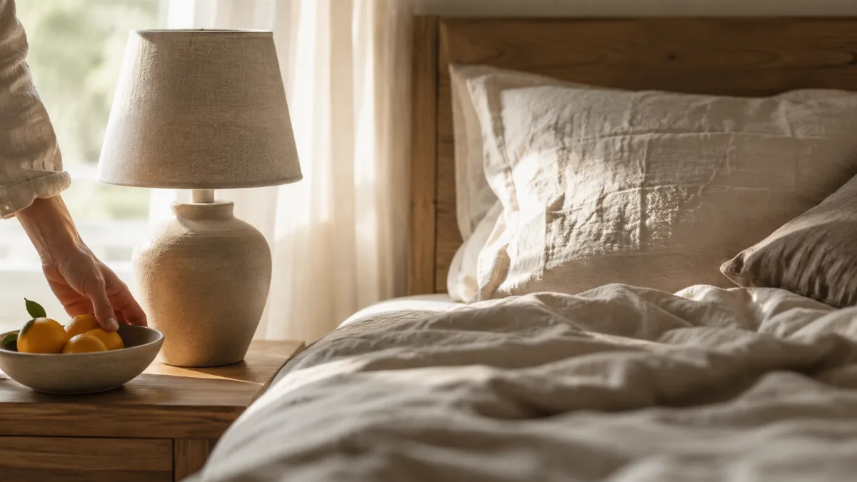 Calm minimalist bedroom with linen bedding and a single bedside lamp