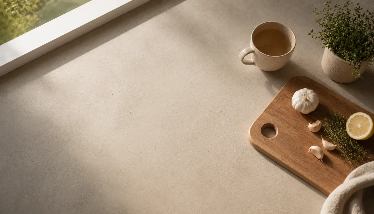 Calm kitchen counter with fresh simple ingredients on a wooden board