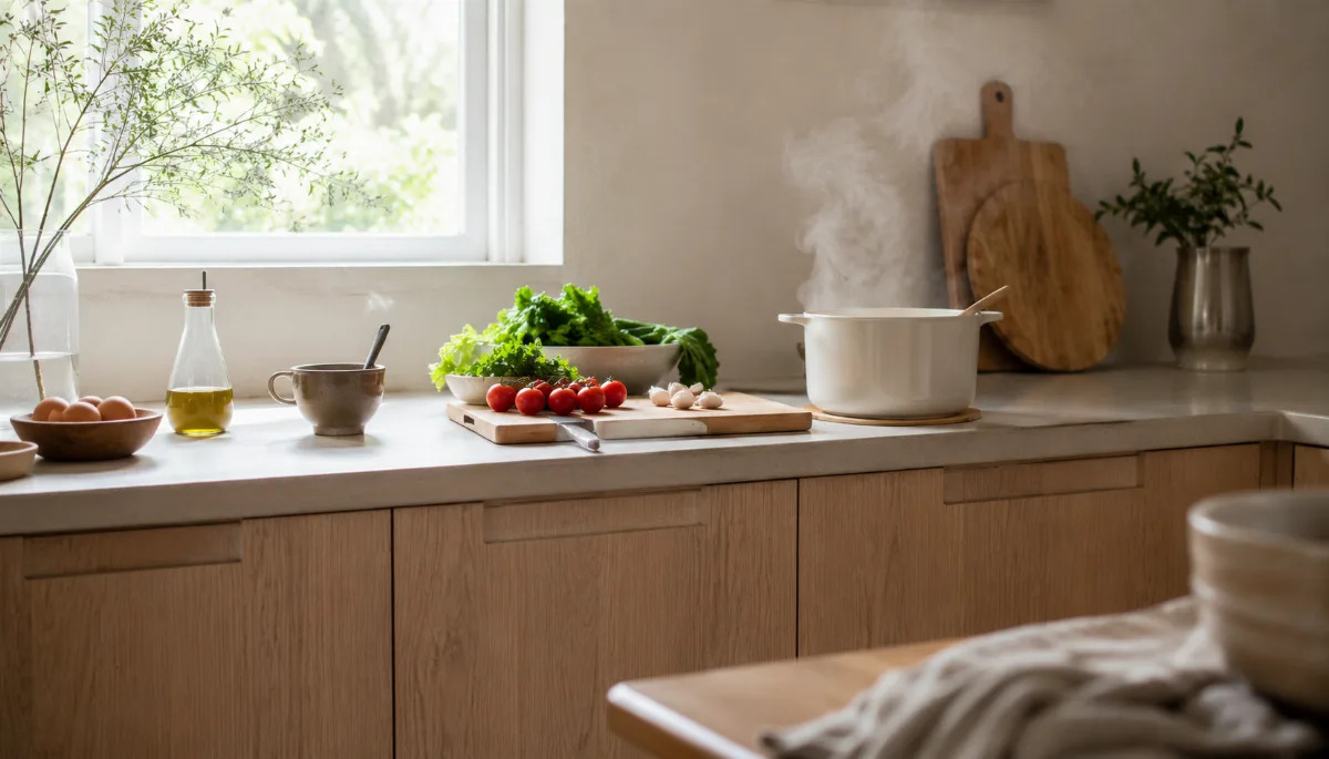 Simple kitchen counter with fresh ingredients and a wooden board