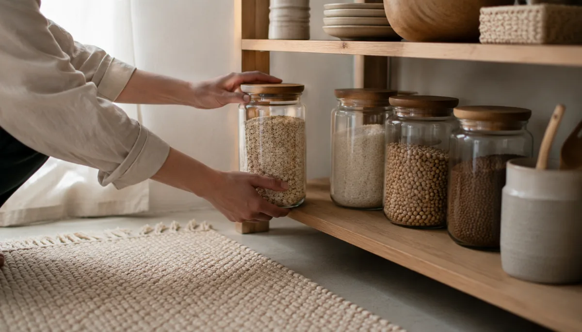 Minimalist pantry shelf with glass jars of staples