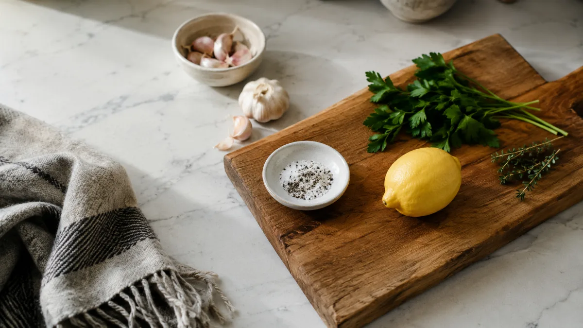 Calm kitchen counter with fresh simple ingredients on a wooden board