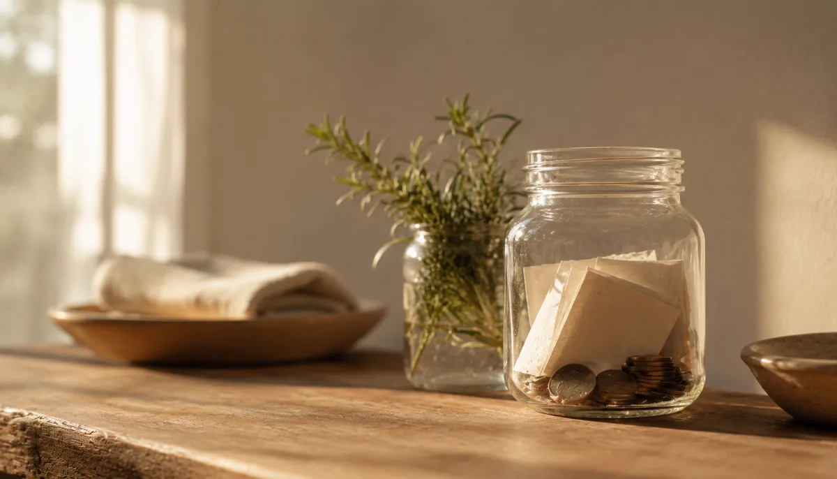 Glass jar holding folded notes and coins on a wooden surface