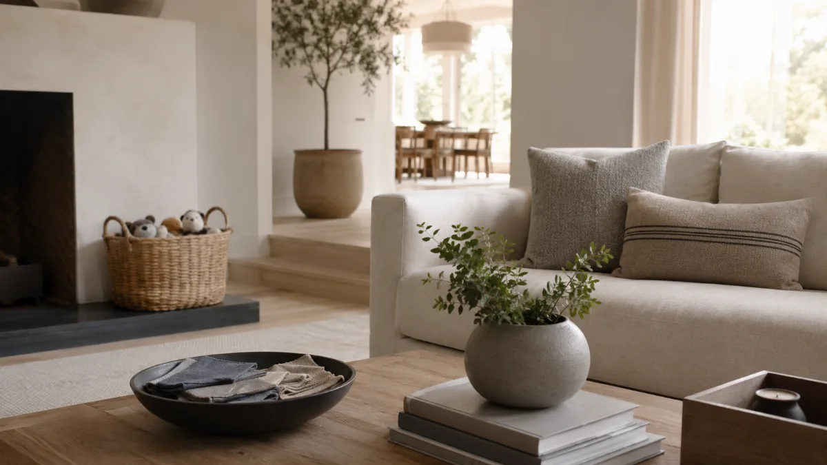 Family living room with a basket of toys neatly tucked away