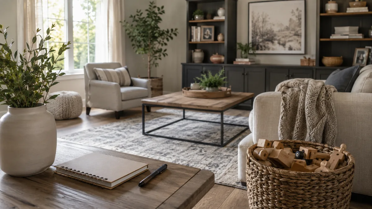 Tidy family room with a basket of wooden toys