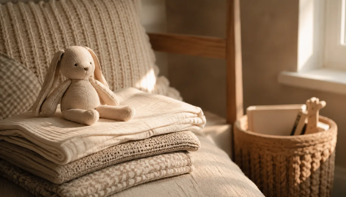 Simple child's room with folded blankets and a soft toy